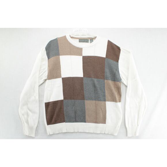 Oscar De La Renta Sweater Men's XL Beige Gray Brown Patchwork Check Preppy - Picture 5 of 7